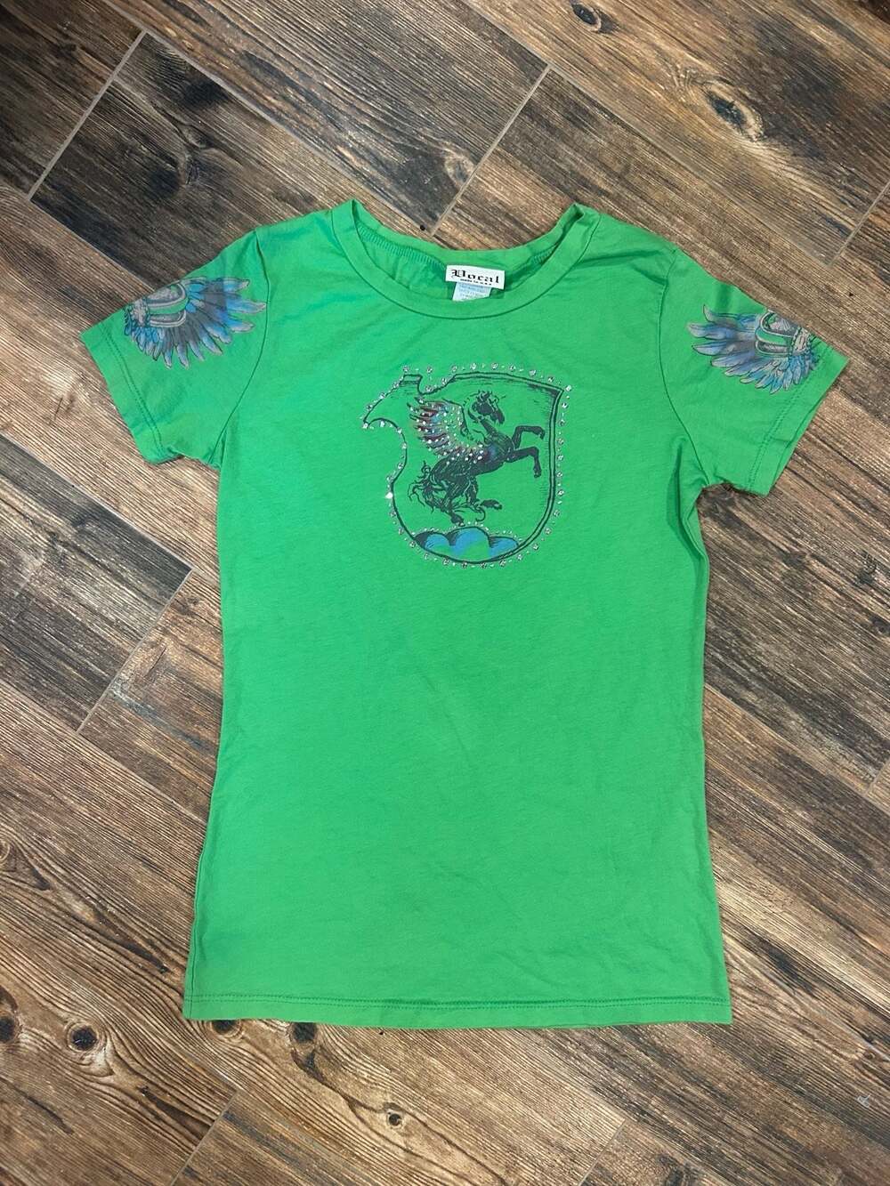Y2K Vocal Green Rhinestone Pegasus Shield Graphic Baby T-Shirt